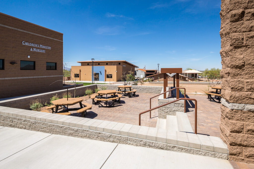 outdoor view of patio with picnic tables