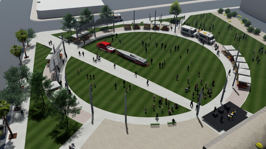 Rendering of a circular outdoor park space with grass, a center walkway, and trees surrounding the perimeter.