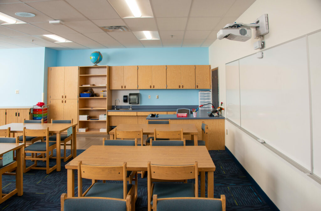 interior of classroom tables and sink