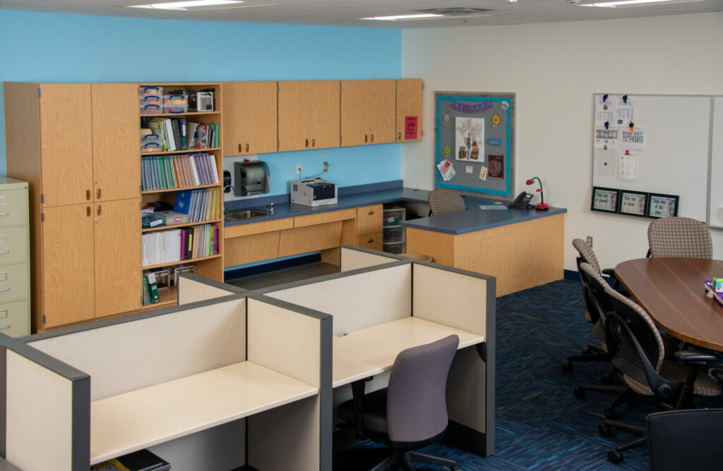 classrooms inside and view of teachers desk