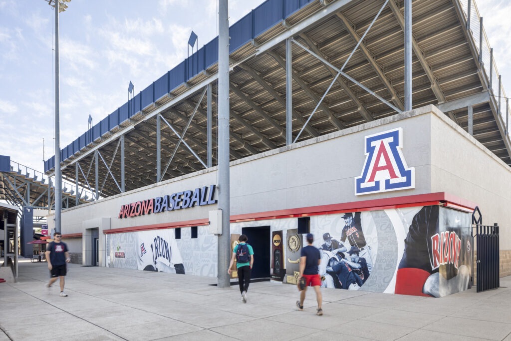 Exterior shot of the stadium with people walking around